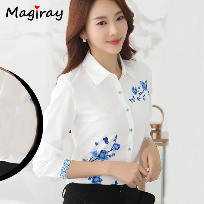 Camicetta con stampa floreale a farfalla blu a maniche lunghe Donna 2021 Autunno estivo Top Elegante camicia da lavoro per ufficio Cottagecore