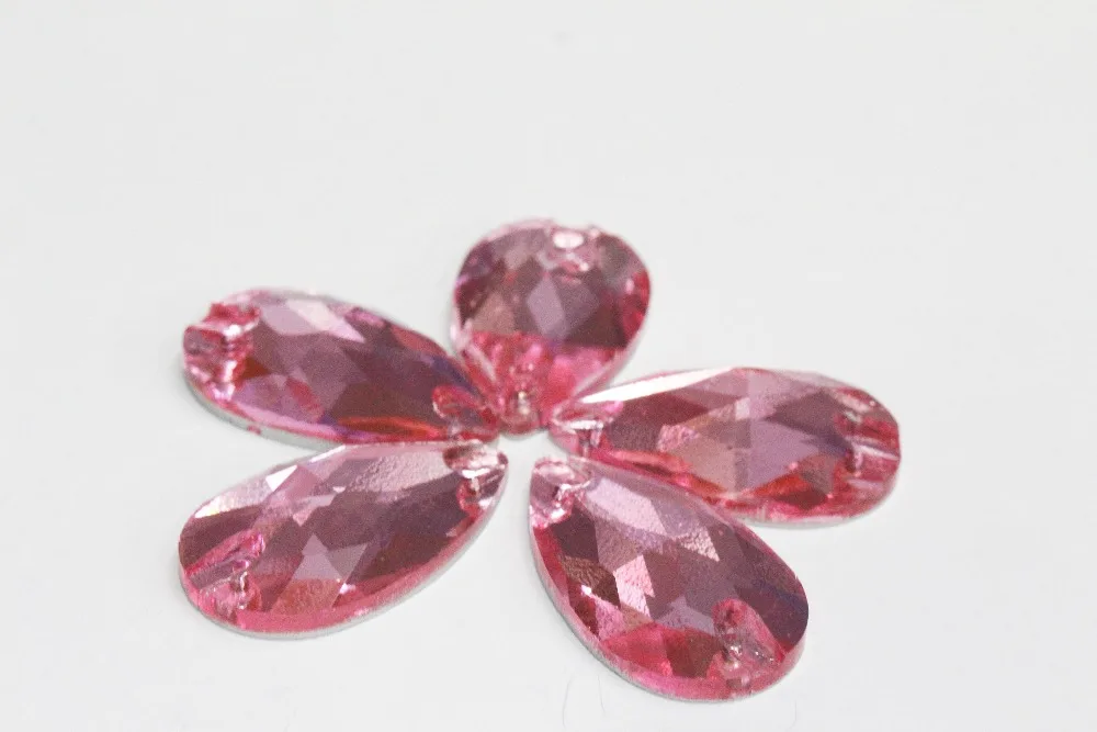 Teardrop / pear Shape Hot pink / lt rose color  Flat back Sew on Rhinestones with holes jewelry crystal  17x28mm 11x18mm