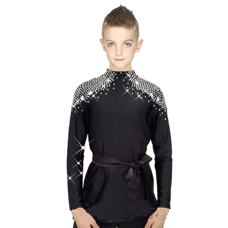 New Latin Dance Shirts Boys Children Black Fabric Rhinestone Shirt Ballroom Tops Boy Male Professional Competition Clothes N7001