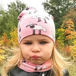 Autumn Winter Children Girls Cartoon Sheep Printing Cotton Hat Aand Scarf Set Animal Pattern Kids Caps Baby Beanie Bonnet