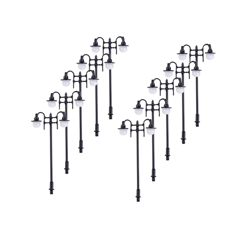 

10pcs HO Scale 1:100 Model Garden Metal Lamppost Double Head Wires Bulbs Model Lights with Wires&Bulbs for Landscape Model Toys