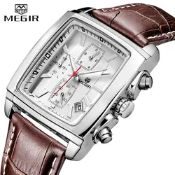 MEGIR-Montre à quartz étanche pour homme, cuir véritable, montres militaires pour homme, chronographe masculin, montre-bracelet de sport, marque originale