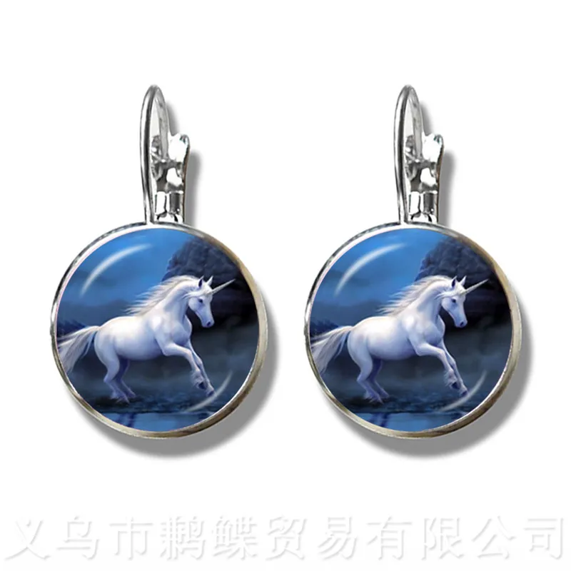 Cute Purple Unicorn Fly Horses 16mm Glass Cabochon Earrings Jewely Silver Plated Stud Earrings For Women Girls Gift