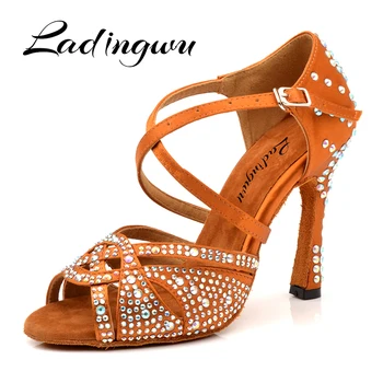 Ladingwu Neue Latin Dance Schuhe Frauen Neue laser Strass Satin Salsa Party Ballsaal Tanzen Schuhe Bronze Kuba Hohe Ferse 10 cm