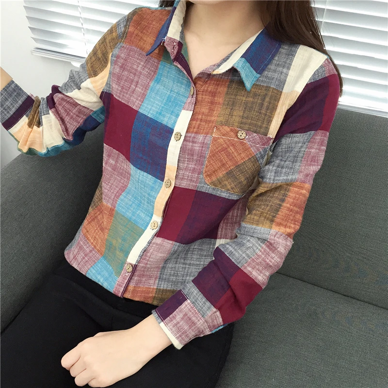 2020 Casual Plaid Women Blouses Kimono Vintage Linen Cotton Long Sleeve Blouse Female Shirts Tops Camisa Feminina Chemise Femme