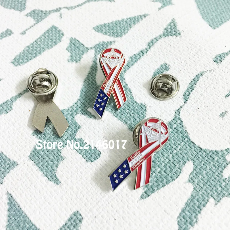 Freemason Cancer Awareness Ribbon Badge Soft Enamel Brooch 27mm Tall US Flag Faith Hope Charity Masonic Lapel Pin Free Masons