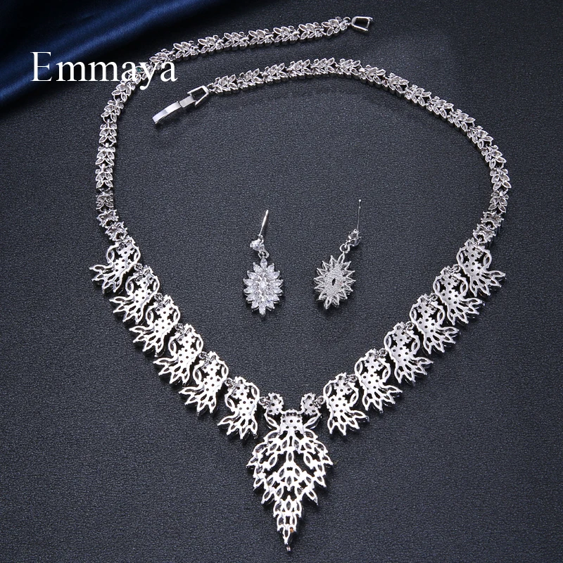 Emmaya Brand Sparkling Cubic Zirconia Crystal Zircon Flower Necklace and Earring Wedding Bridal Jewelry Sets Gift