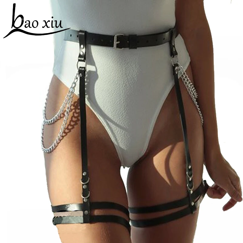 

Women Sexy erotic harness leather belt bondage cage gothic punk Corset Leather metal Buckle tassel chain leg garters belt Straps