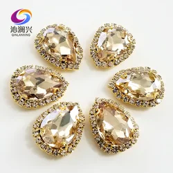 Golden champion Golden bottom Top grade Glass Crystal buckle,Drop shape sew on rhinestones,Diy wedding decoration 10pcs/pack