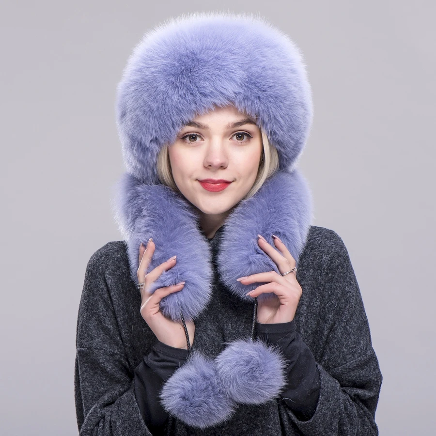 FXFURS Genuine Fox Fur Hats rex Rabbit Fur Top long fox fur scarf with Pompom Winter Female Hat scarf Russian Bombers Hat Caps