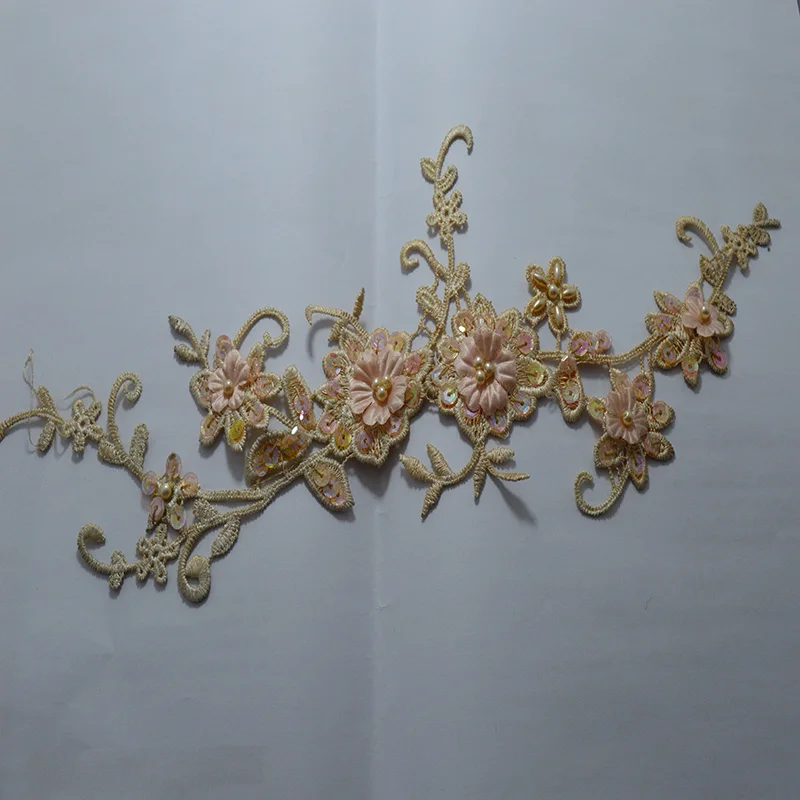 1Piece 36*11Cm Brown Red Green Pink Yellow Wedding Dress Decorated Sequin Organza  Flower Applique Sew On Lace Patches Dress