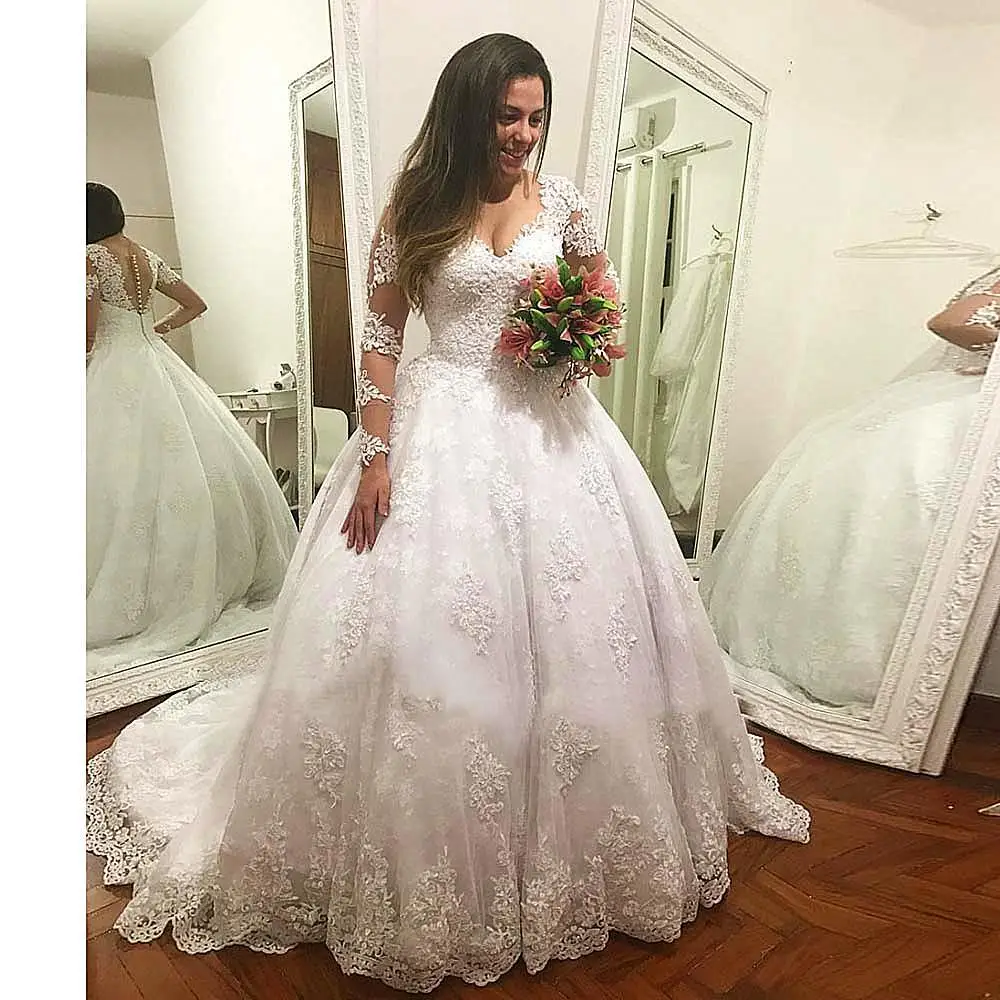 Elegant Plus Size Wedding Dresses 2021 Vestidos De Novia V Neck Long Sleeves Formal Bridal Gowns Custom Made Dress