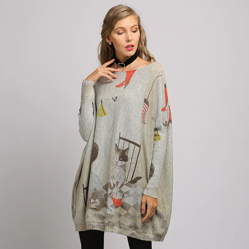 Suéter con estampado de gato para mujer, vestidos de gran tamaño, jersey de tela suave a la moda, novedad de primavera e invierno, 2021