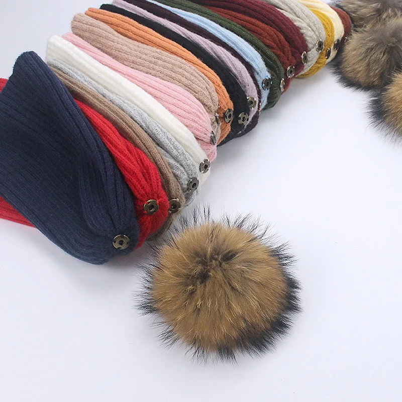 Real Raccoon Fur Pom Poms Pall Keep Warm Winter Hat For Women Girl \'s Wool Hat Knitted Beanies Cap Thick Female Cap Skullies