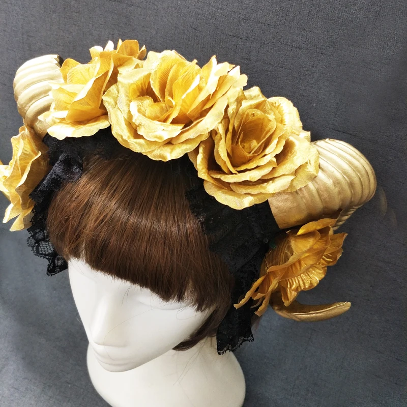 Bandeau en corne gothique, Steampunk, Cosplay, cornes de Ram Vintage, fleurs, cerceau pour cheveux, accessoires d'halloween pour fête