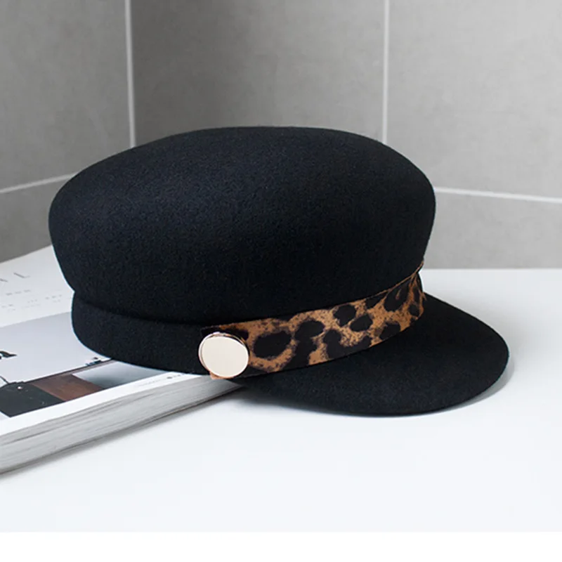 Vintage Style Black Leopard Band Winter Beret Cap 100% Wool Felt Hat Newsboy Cap for Women Warm Visor Hat Cap Ladies Cap