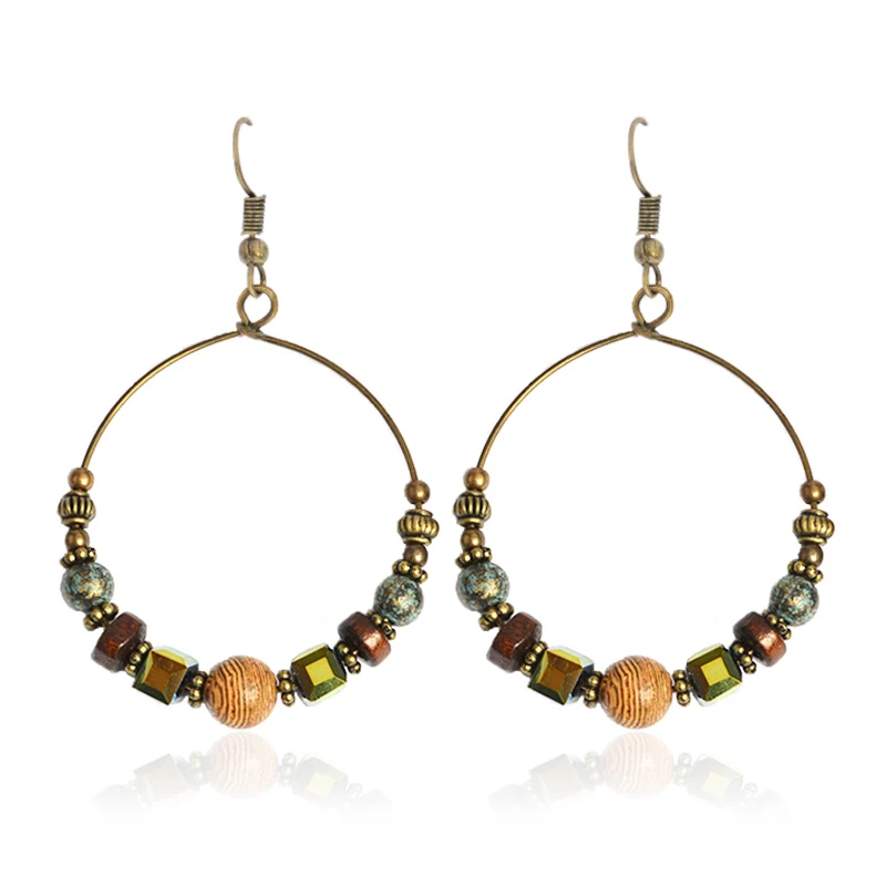 серьги женск Trendy Bohemian National Retro Irregular Circle Round Wooden Little Beads Classic Drop Earrings Holiday Jewelry New