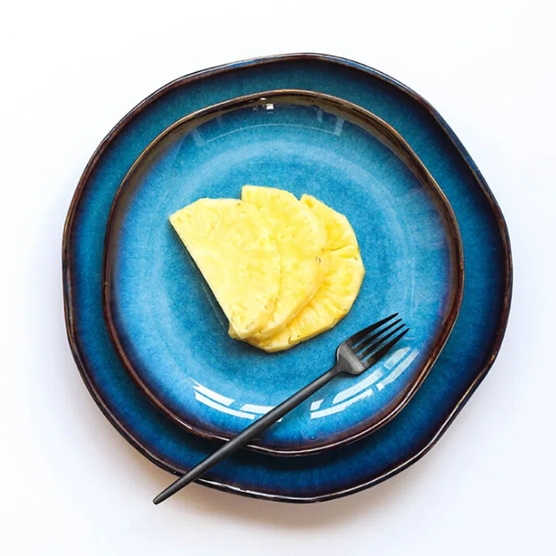 Retro japanese deep blue ceramic plate food dessert dish irregular household flat plate dish