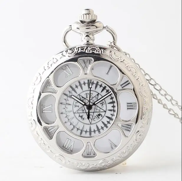 Vintage Silver sunflower Hollow out Anime Black Butler men and woman chain pocket watch gift