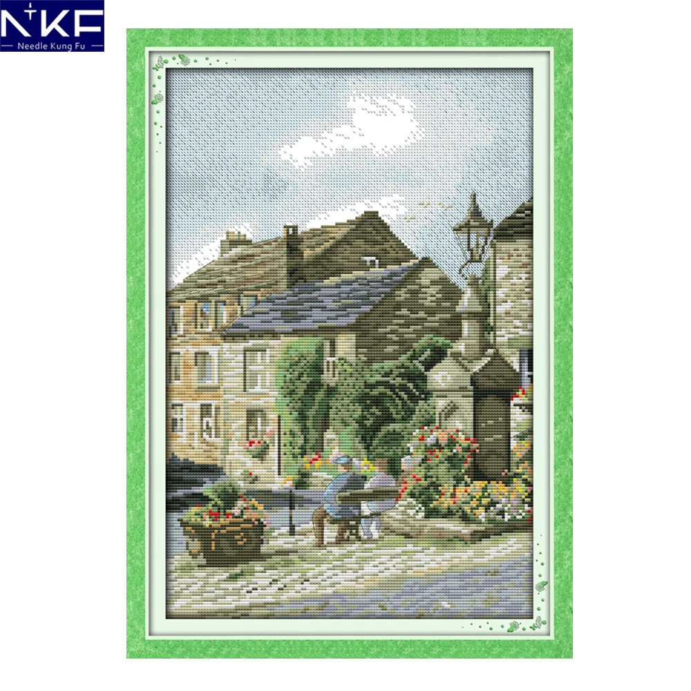 NKF Leisure street scenery style needlepoint Christmas stocking kits cross stitch embroidery designs for home decoration