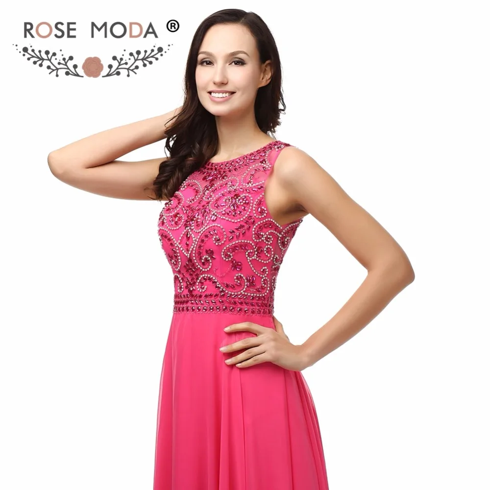 Rose Moda Pha Lê Đính Cườm Nóng Hồng Buổi Tối Ăn Mặc Cao Cổ Không Tay Tầng Chiều Dài Trang Phục Chính Thức Đảng Dress Cut Out Lại 2019