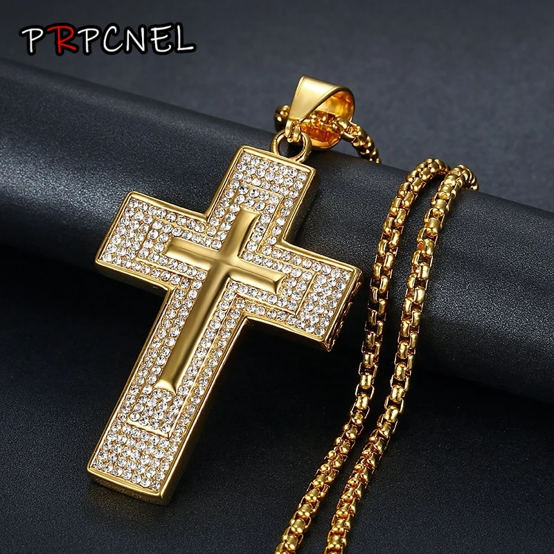 Hip Hop gold color Jewelry Large Cross Pendant Iced Out Shining zircon Fashion Bling Bling Cross Men Chain Necklace Jewelry