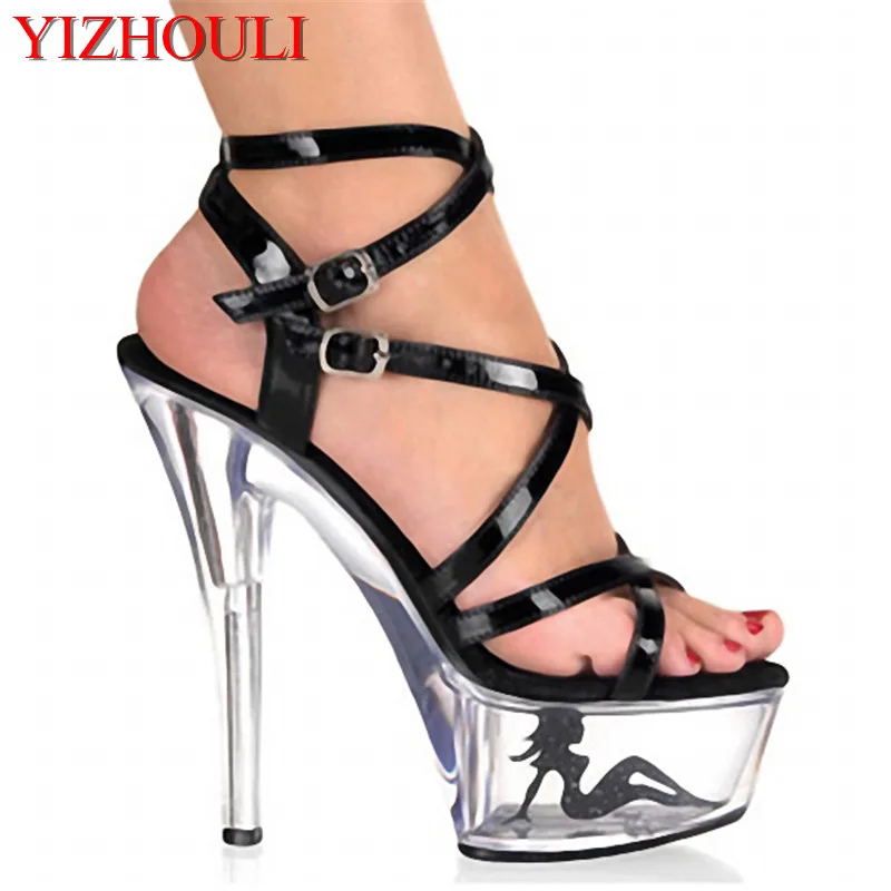 

15cm ultra high heels sexy platform with transparent crystal sandals 6 inch women's shoes black performance shoes