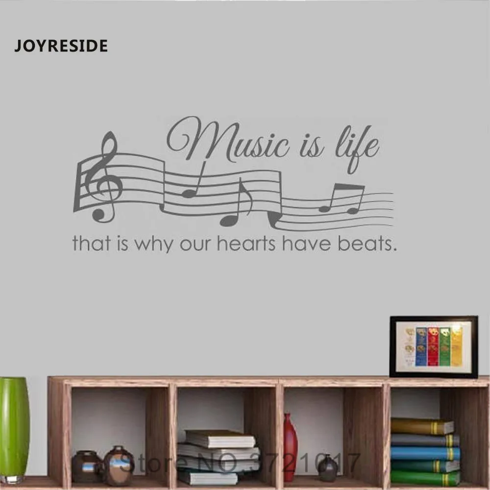 JOYRESIDE Quote Wall Music Is Life That's Why Our Hearts Have Beats Decal Vinyl Sticker Kids Room Bedroom Decor Decoration A101