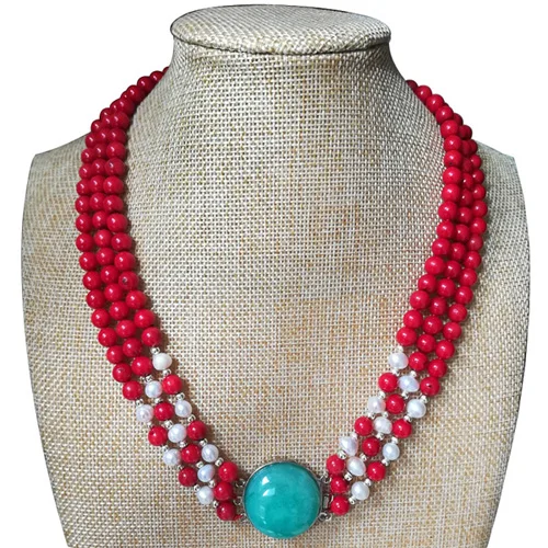 

3 rows 17-19 inches 6-7mm Red Round Natural Coral Beads & Natural Freshwater Pearls Necklace