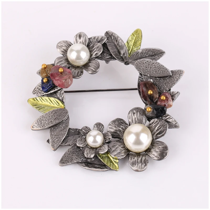 chenlege bouquet plant leaf women brooches enamel flower imitation pearl vintage brooch hijab fashion natural stone pins jewelry