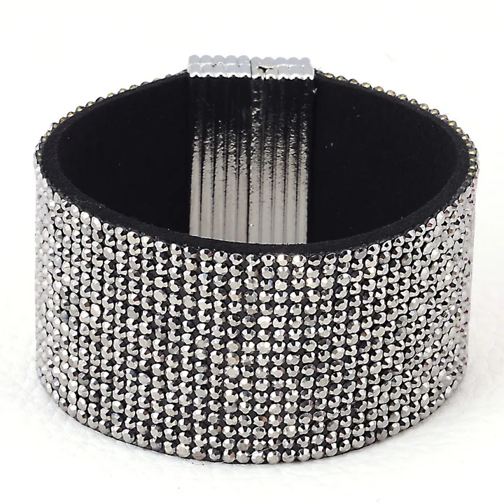 Miasol Magnetic Wrap Full Rhinestone Pave Crystal Bling Leather Women Girl Strap Bracelets For Party Jewelry Gifts