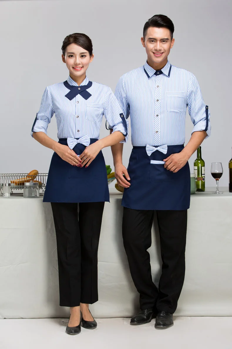 2023 Spring and Summer New Uniforms Cake Coffee Shop Adjusted Sleeve Uniform Shirt With Tie Bow Apron Set Hotpot Waiter Workwear