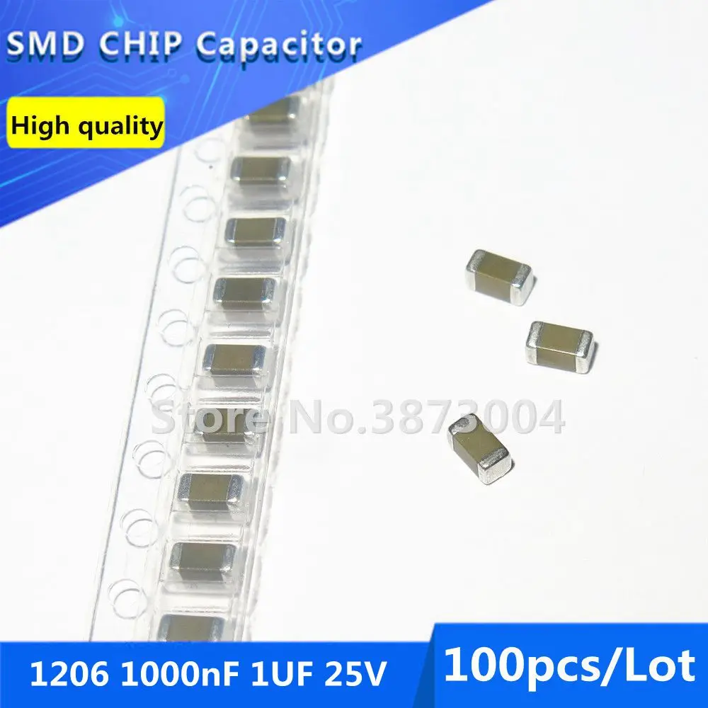 100pcs 1206 1000nF 1UF 25V X7R 10% Thick Film Chip Multilayer Ceramic Capacitor