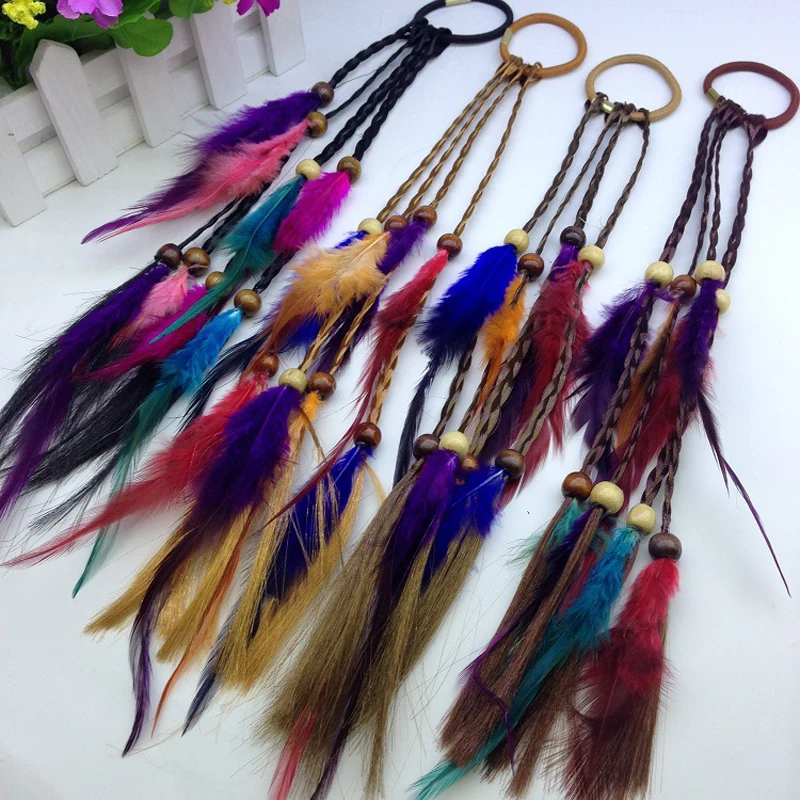 New Arrive Stylish Feather Colorful Folk Style Braid Weave Women Ladies Hair Ring Headwear Hair Bands Hair Circle FS0637