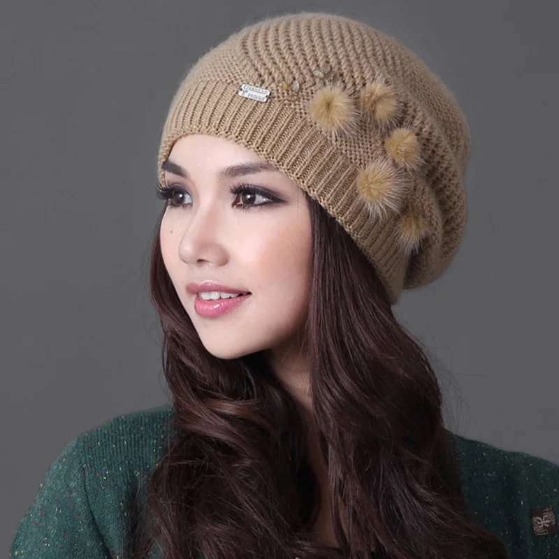 

Women Hats Winter Thicken Double Layer Rabbit Hair Knitted Hat Elegant Casual Wool Cap Female Beanies Free Shipping