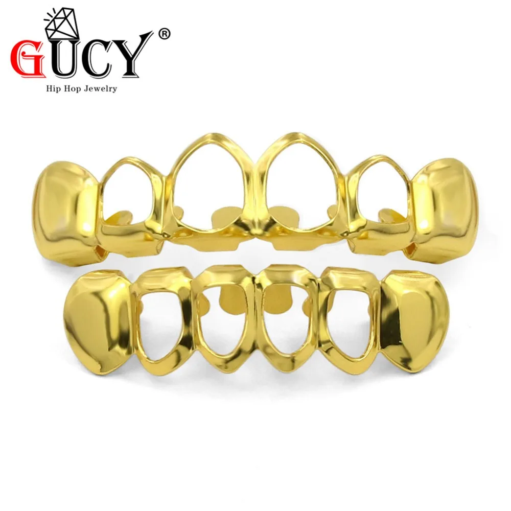 GUCY New  Fit Gold Color Plated Teeth Grills Vampire Four Opened Face Hollow Teeth Grillz Caps Set For Christmas Gift