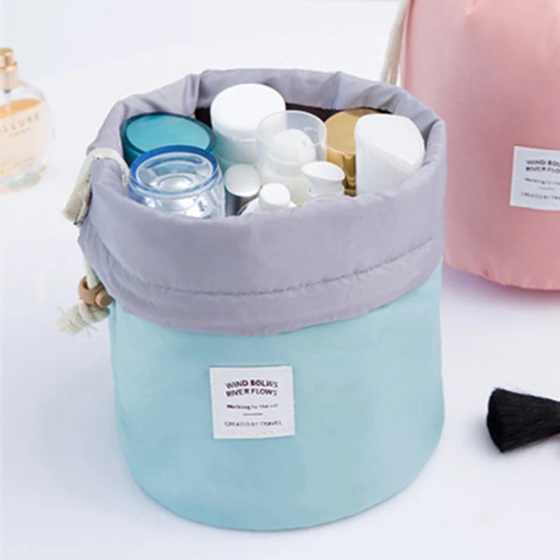 New Beautician Barrel Shaped Travel Cosmetic Bag Nylon High Capacity Drawstring Drum Wash Bags Makeup Organizer Storage