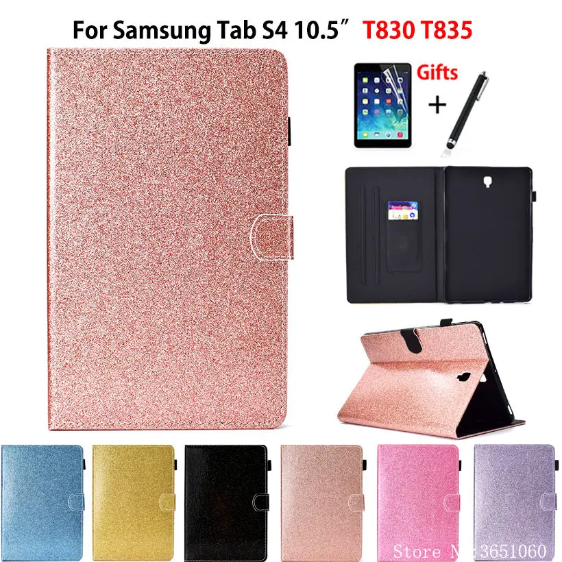 

Блестящий чехол для Samsung Galaxy Tab S4 10,5 "T830 T835 SM-T830, чехол, силиконовый чехол из искусственной кожи с подставкой + пленка + ручка