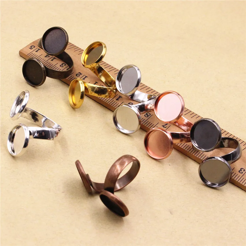 Ajuste de cabujones de cobre de 12mm, anillo de doble cabeza redondo en blanco, ajuste de bisel, bandeja, Base de anillo de cabujón para fabricación