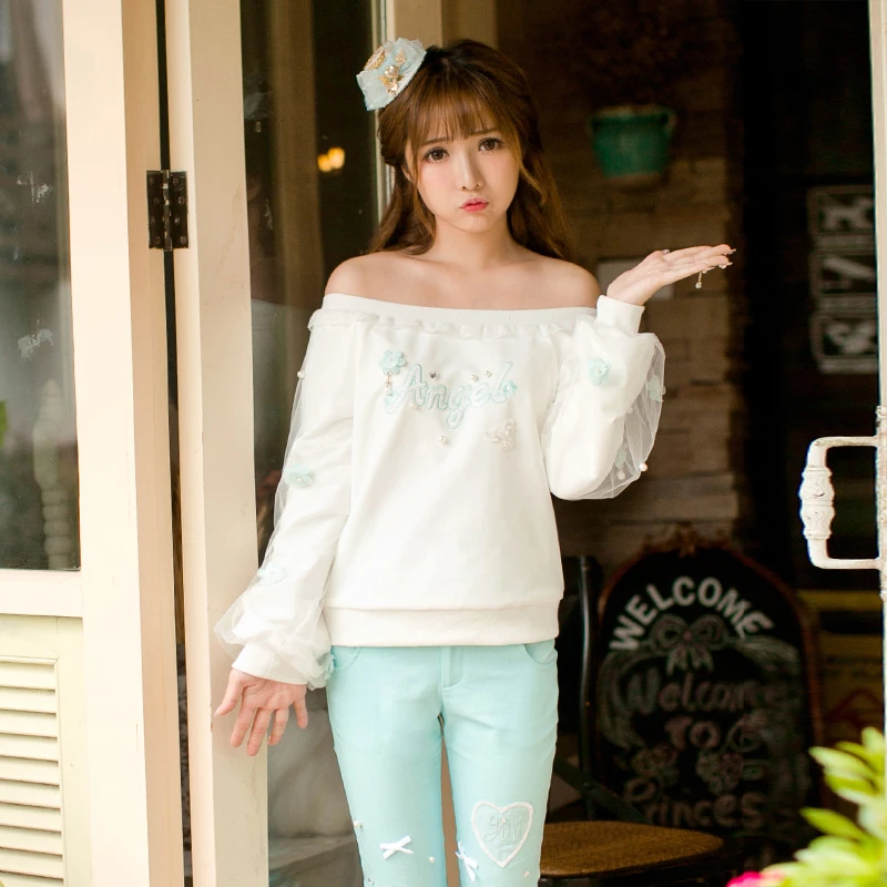 

Princess sweet lolita Candy Rain slash neck jacket autumn sweet long sleeved puff sleeve embroidery bottom shirt C22CD7186