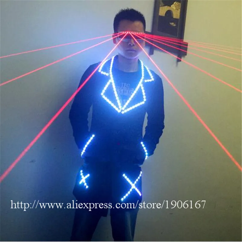 Colorful Led Luminous Gentleman windbreaker Ballroom Costume With Red Laserman Show Glasses DJ Singer Dancer Clothes Host Suit