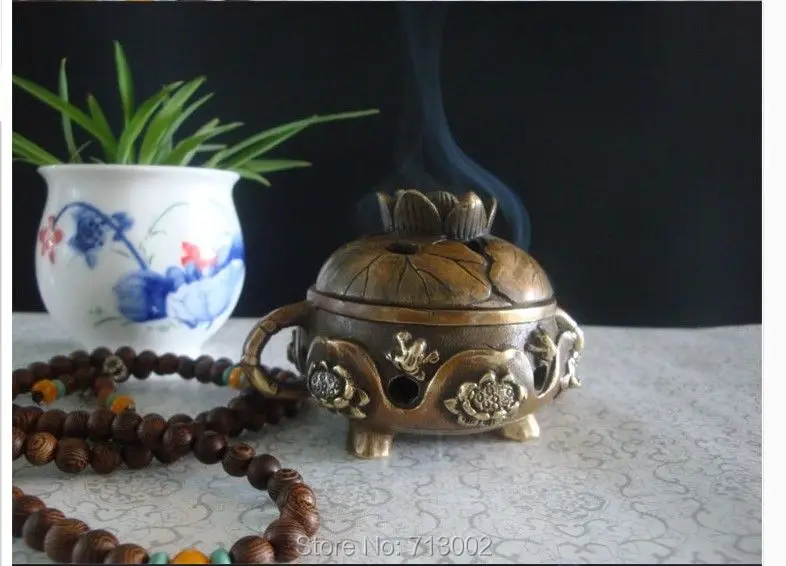 Vintage lotus flower incense burner fengShui incensory geomantic omen By Copper Signed