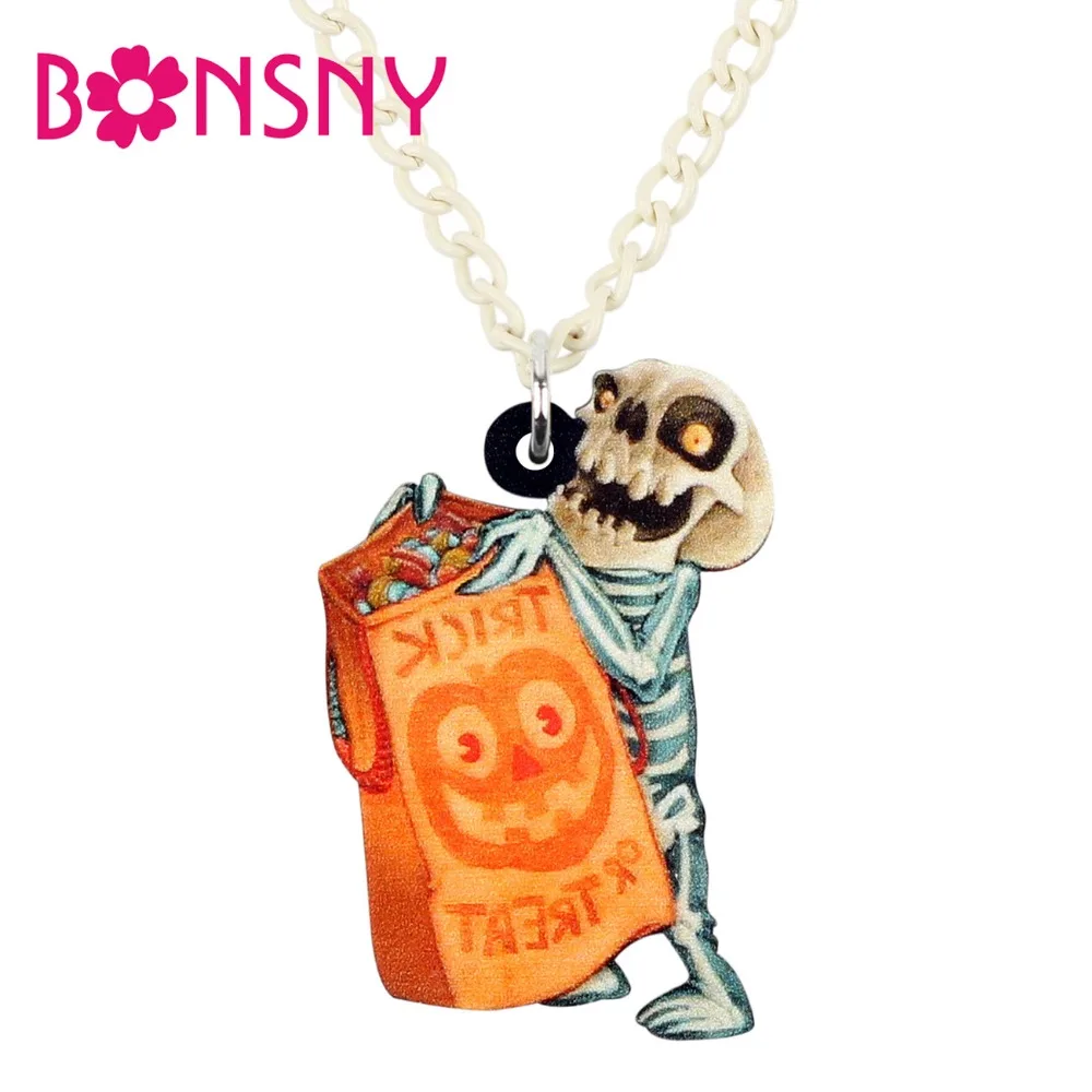 Bonsny Acrylic Halloween Anime Troublemaker Skull Skeleton Necklace Pendant Chain Choker Party Jewelry For Women Girls Teen Gift