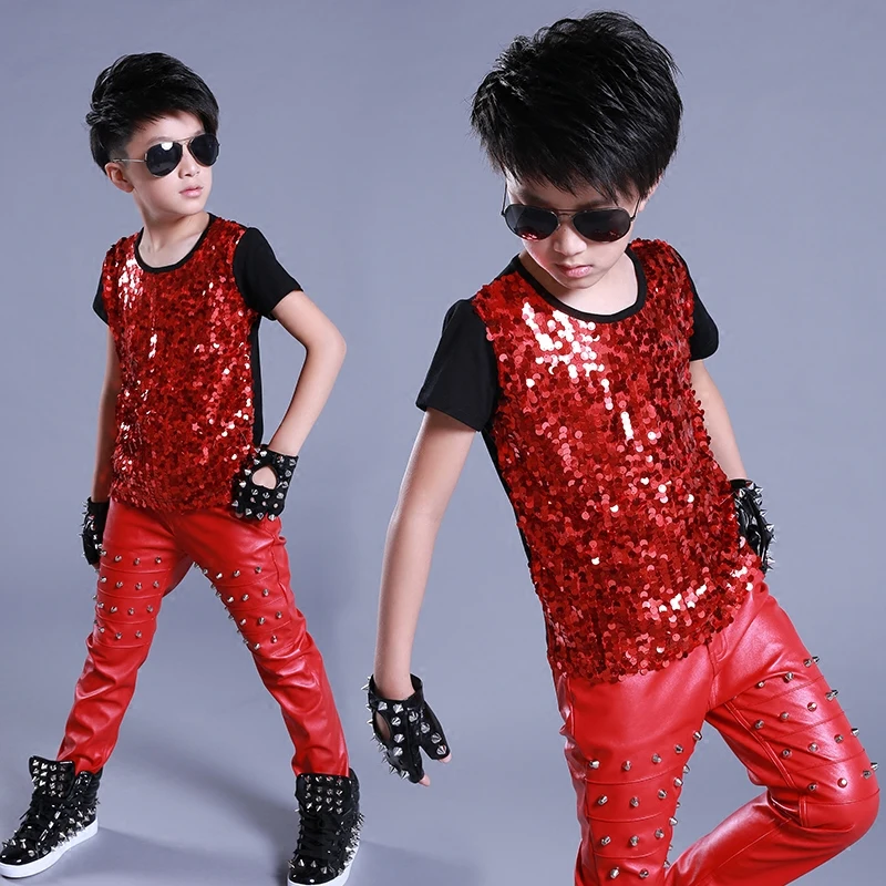 Children\'s Jazz Dance Costume Boy Short Sleeve Sequin Top Shirt  Hip Hop Clothes Kids Modern Performance Dancing Outfit DNV11051