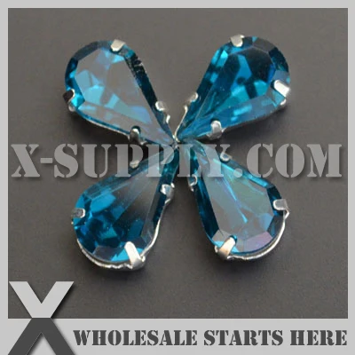 

DHL Free Shipping Preset Mounted Crystal Rhinestone Pear/Tear Drop 8x13mm Blue Zircon in NICKEL Sew on Setting for Bag,Shoe