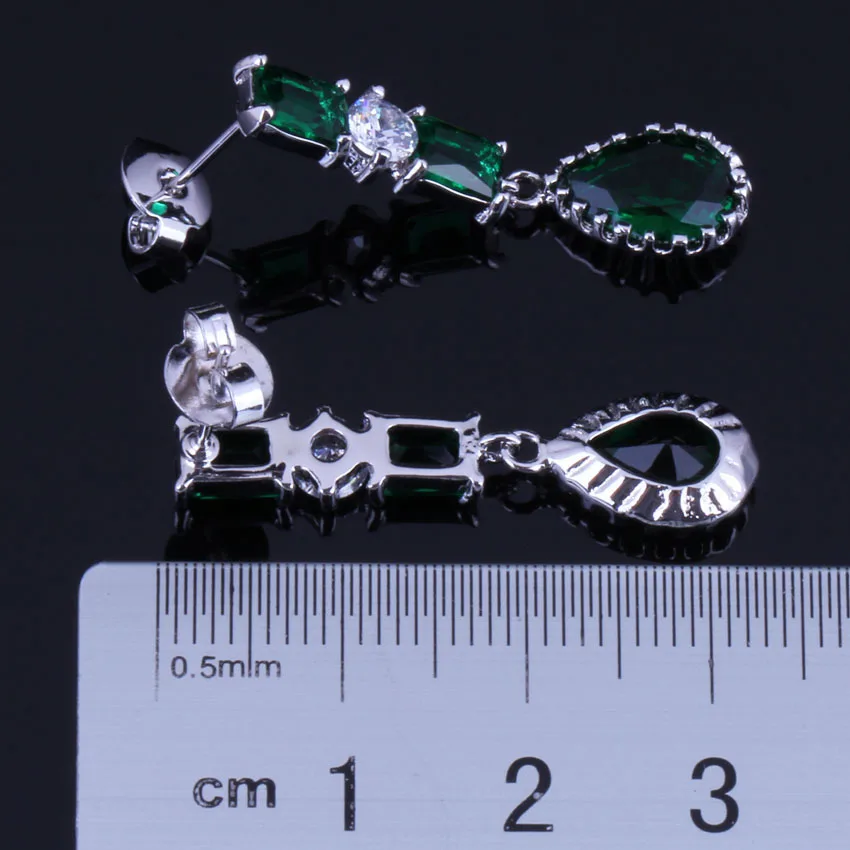 Prominent Water Drop Green Cubic Zirconia White CZ Silver Plated Drop Dangle Earrings V0733