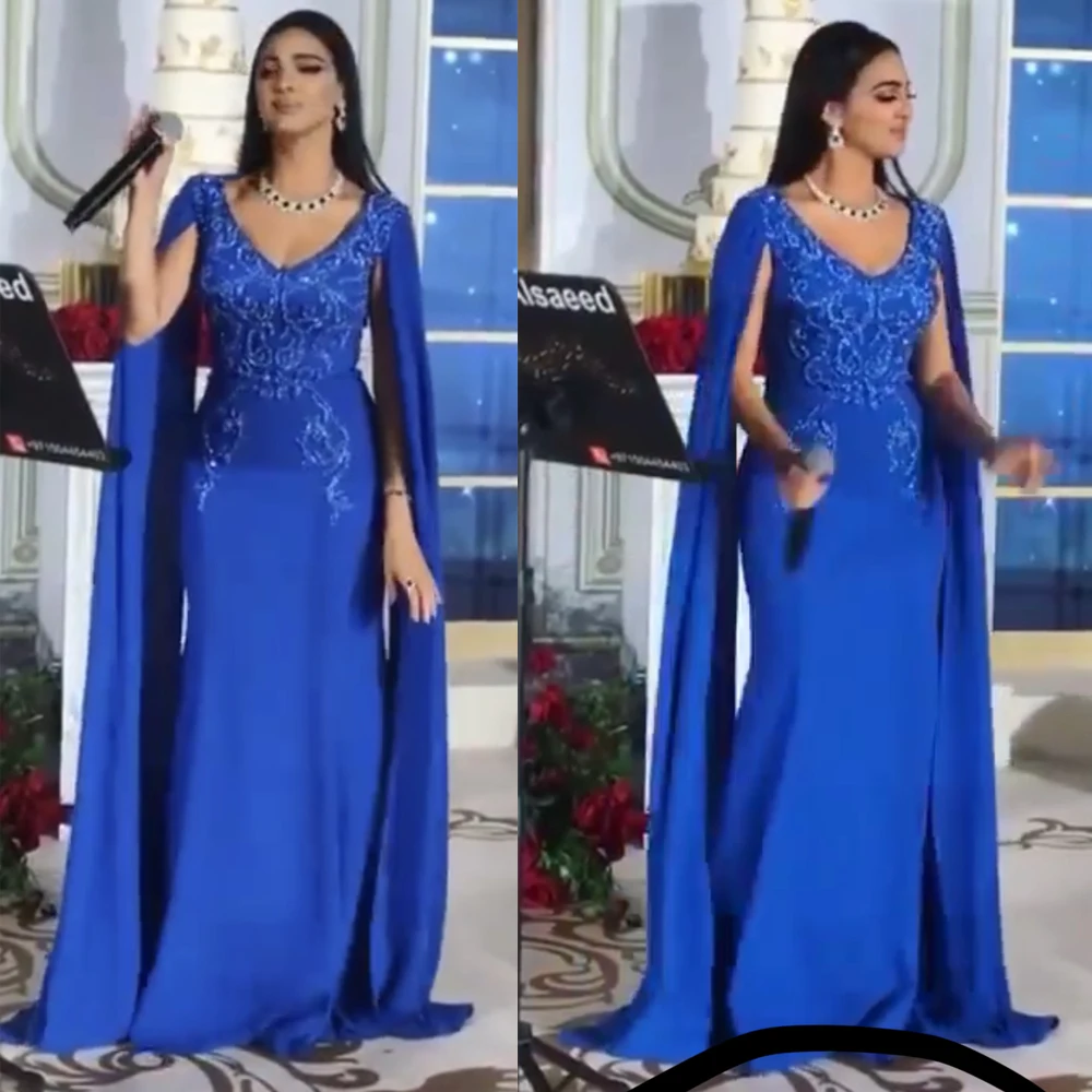 Vestidos de Noche azul real con chaqueta de manga larga, Vestidos de Noche de gasa con cuentas, vestidos de fiesta baratos con cuentas, 2019