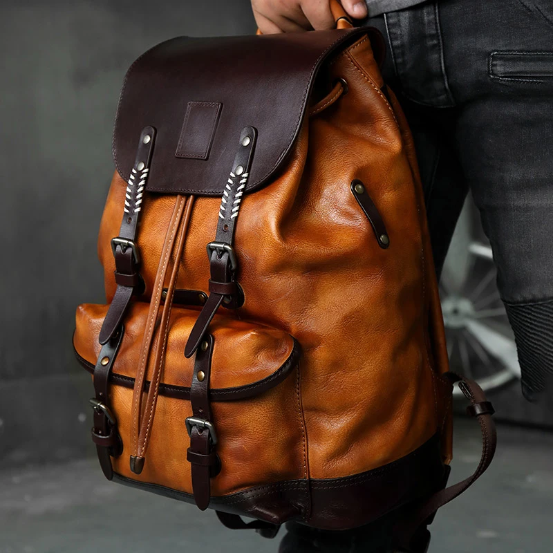 Large Capacity Retro Shoulder Bag Military Style Travel Bag Men\'s Backpack Luxury Mens Cow Leather backpack