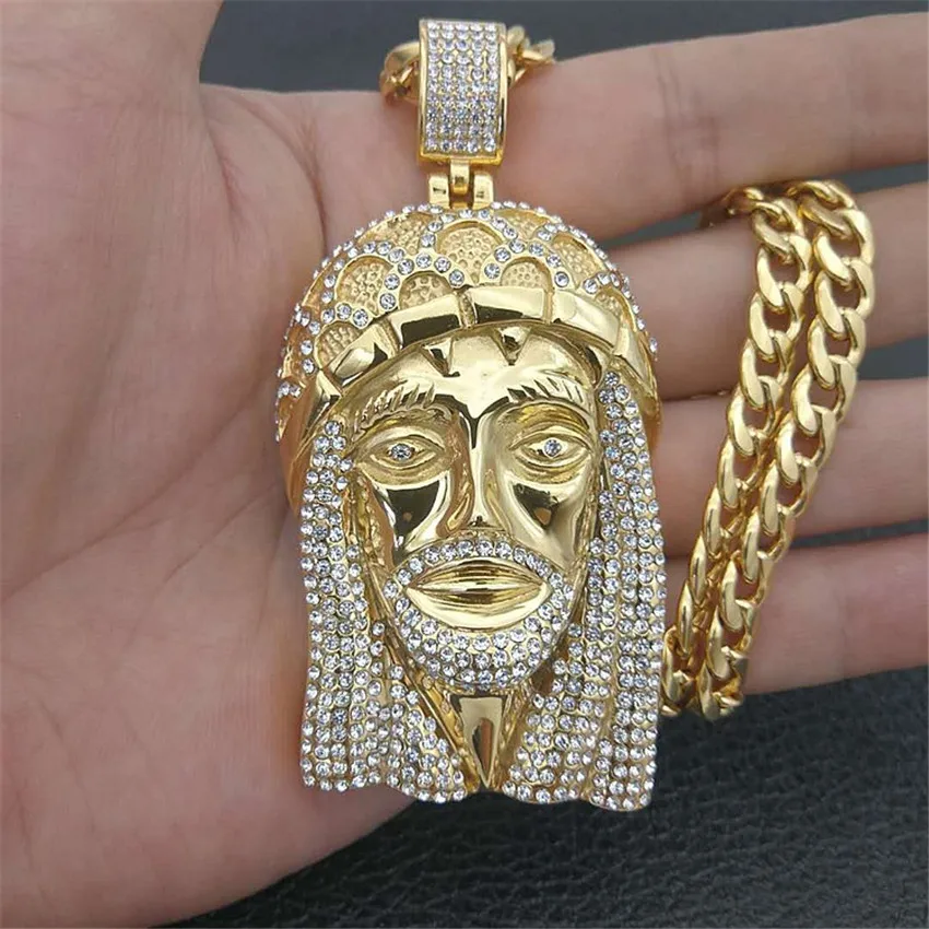 Hip Hop Men Gold Color Iced Out Bling Rhinestone Stainless Steel Big Jesus Piece Necklaces Pendants With Chains Vogue Jewelry