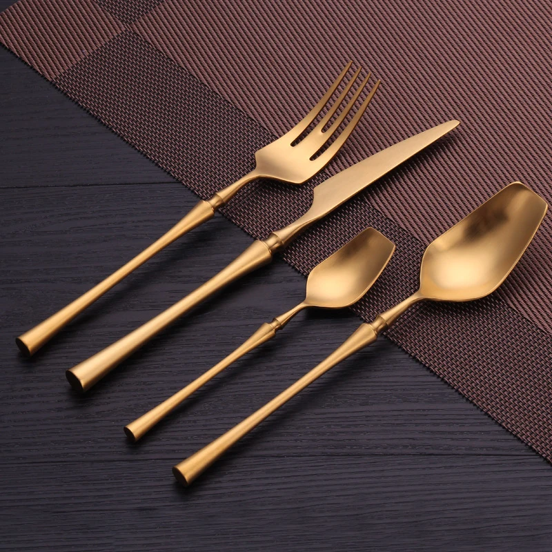 Pure Gold Matte Cutlery 18/8 Stainless Steel 4pieces Portable Metal Restaurant Dinnerware Knife Fork Set Tableware Christmas